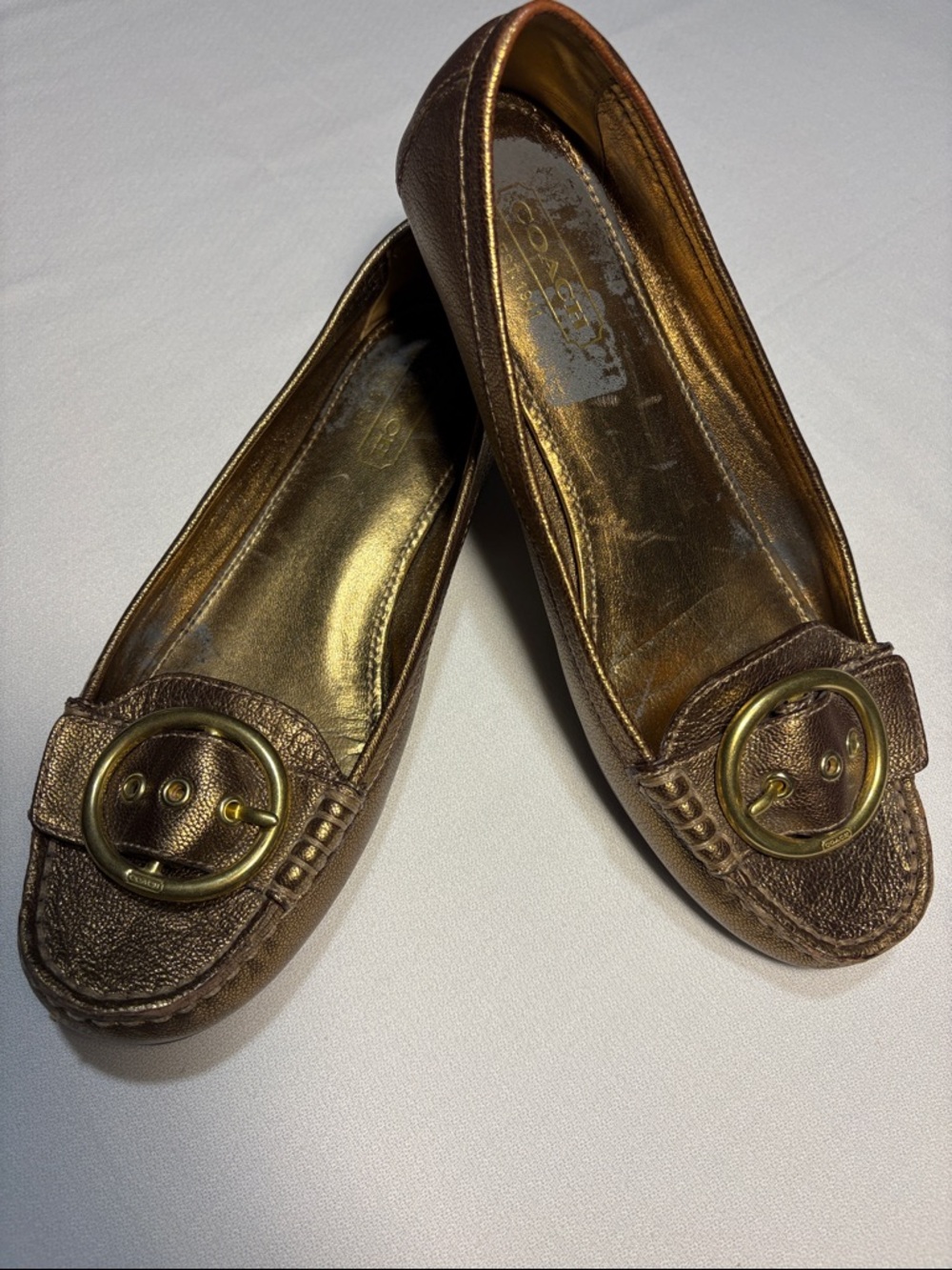 Coach Metallic Gold Leather “Karly”Ballet Flats with Round Gold Buckle- Size 8